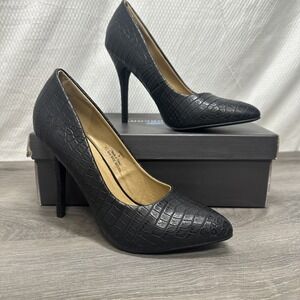 Black Faux Croc Embossed Stiletto Heels Pointed Toe Pumps Womens Size 8 Faux